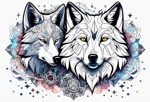 Constellation, two animal wolf, snowflake tattoo idea