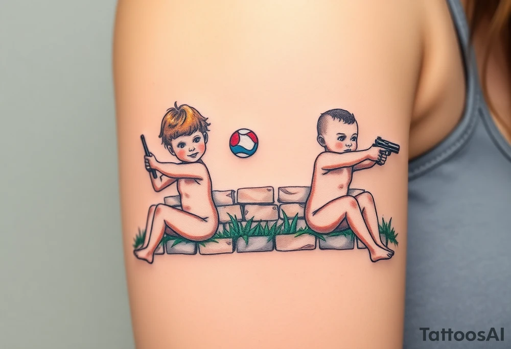 Due bambini, in stile realistico, colorato, seduti sull'erba, divisi da un muro di mattoni, uno piange mentre gioca tirando in alto una palla, l'altro ride mentre si spara in bocca con una pistola tattoo idea
