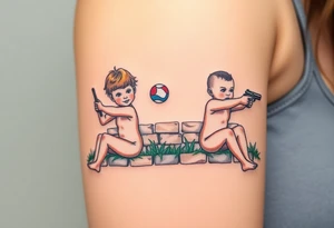 Due bambini, in stile realistico, colorato, seduti sull'erba, divisi da un muro di mattoni, uno piange mentre gioca tirando in alto una palla, l'altro ride mentre si spara in bocca con una pistola tattoo idea