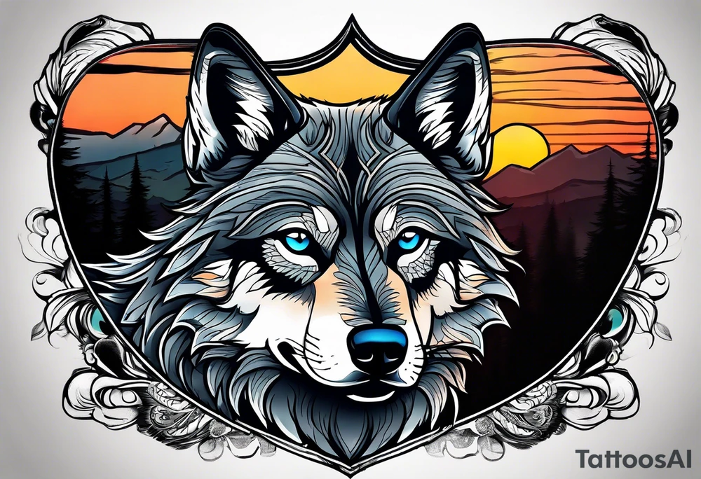 Badass wolf wearing sunglasses
Dark woods
Mountains
Sunset tattoo idea