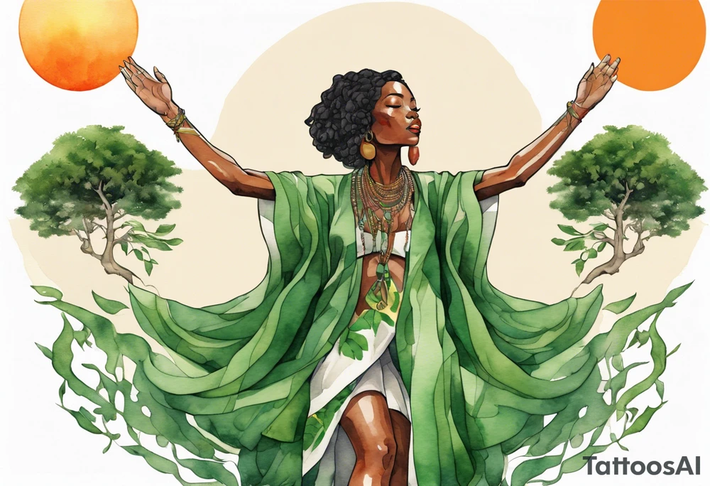 a black woman wearing a green tunic with the lower-half of a tree, her arms raised towards a blazing sun in the sky, with legs made out of tree roots tattoo idea