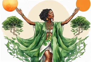 a black woman wearing a green tunic with the lower-half of a tree, her arms raised towards a blazing sun in the sky, with legs made out of tree roots tattoo idea