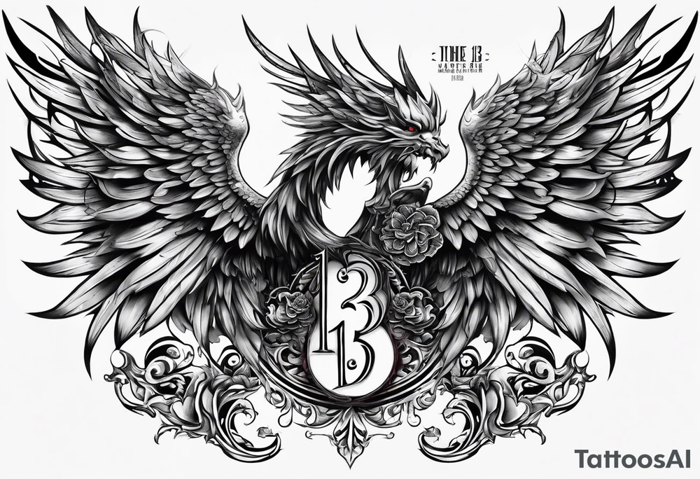 the number 13 with one angel wing and one demon wing tattoo idea