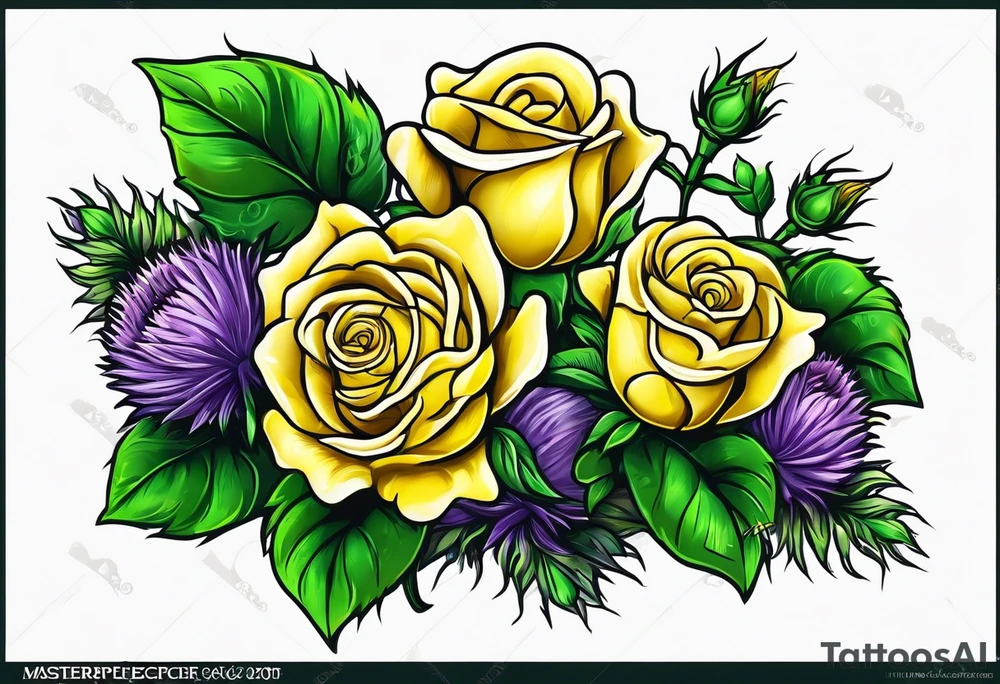 Yellow rose, purple thistle, and green shamrock with lettering KND tattoo idea