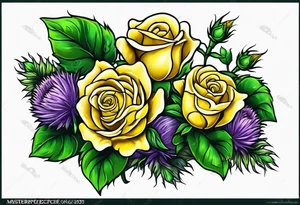 Yellow rose, purple thistle, and green shamrock with lettering KND tattoo idea