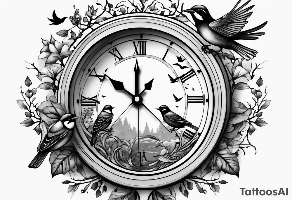 Half sleeve, tree, birds,clock tattoo idea