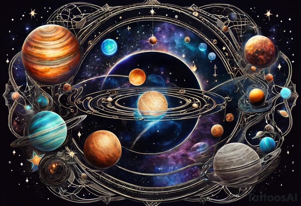 A tattoo featuring a cosmic scene with planets, black holes, and supernovae intertwined with intricate linguistic symbols, reflecting the client's interests in cosmology and linguistics. tattoo idea