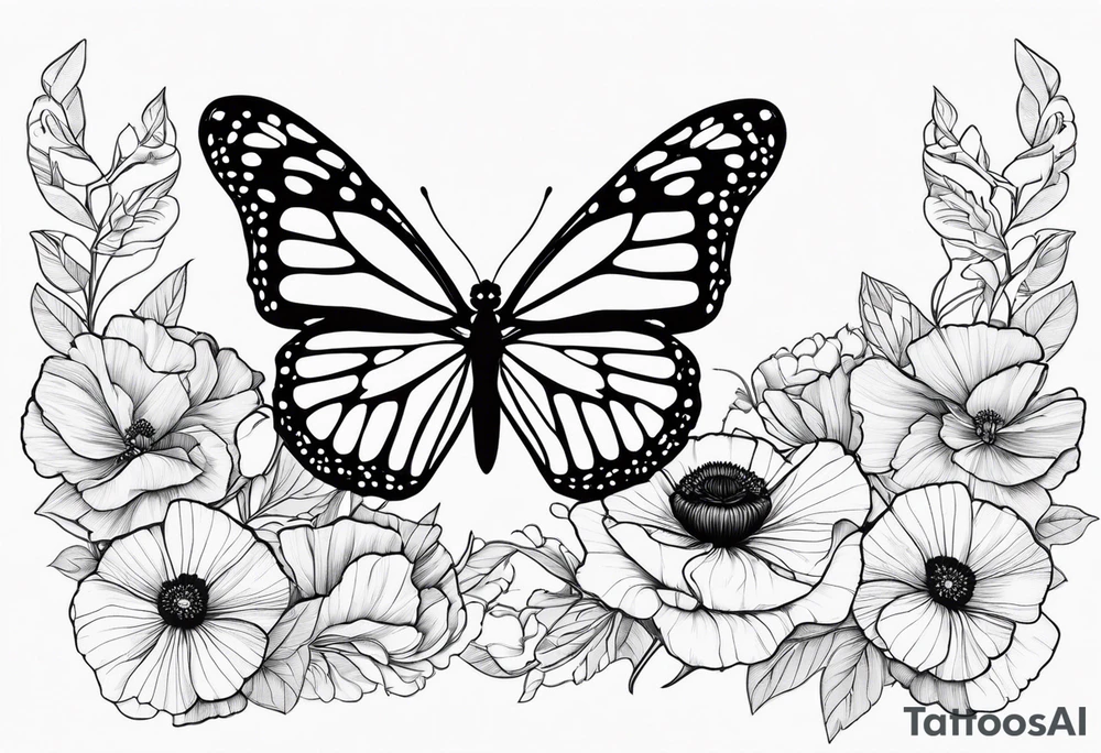 Create a black and white fine line tattoo design of a monarch butterfly, with poppy flowers exclusively inside the top halves of the wings. The butterfly’s wings should act as a frame for the flowers, clearly showing the flowers within the outline of the wings. The design should feature minimalistic and elegant lines, with intricate details on the flowers, while the bottom halves of the wings should remain simple to highlight the top sections. tattoo idea