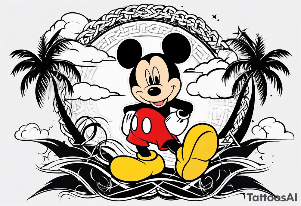 mickey mouse in a lightning storm with palm trees and the celtic symbol for family tattoo idea