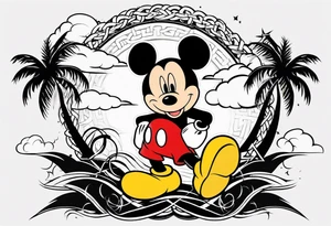 mickey mouse in a lightning storm with palm trees and the celtic symbol for family tattoo idea