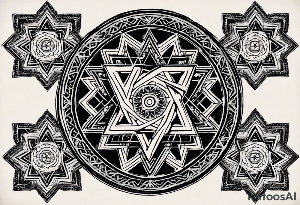 I would like two symmetrical tattoos on each side of my chest (left and right). The primary design element should be a six-pointed Star of David , with the Armenian Wheel of Eternity placed in the center of each star.

	•	The six-pointed stars should be geometric, bold, and well-defined. They should have a clean and sharp look.
	•	The Wheel of Eternity should be intricate and detailed, representing the traditional Armenian symbolism of eternal cycles and continuity. It should blend harmoniously within the center of the star.
	•	The overall design should convey balance, spirituality, and strength.
	•	The size should be proportional to the chest area, not too large but prominent enough to be noticeable on both sides.
	•	I’d prefer a minimalist approach, but the design should still be detailed enough to reflect the cultural and spiritual significance. tattoo idea
