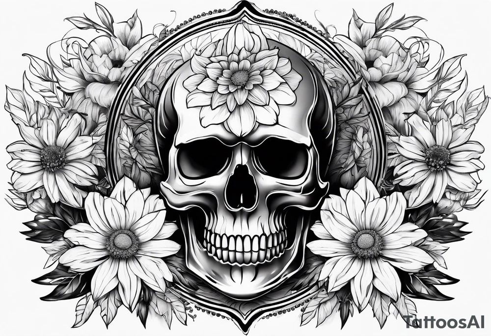 skull and aster flower tattoo idea