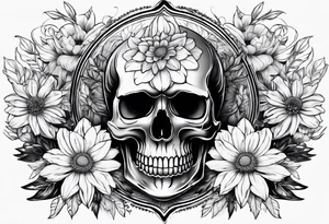 skull and aster flower tattoo idea