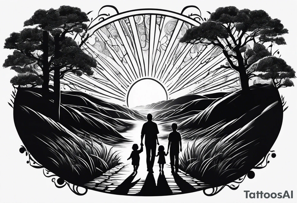 chest and sleeve sun rays with road and dad, daughter and son silhouette tattoo idea