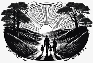 chest and sleeve sun rays with road and dad, daughter and son silhouette tattoo idea
