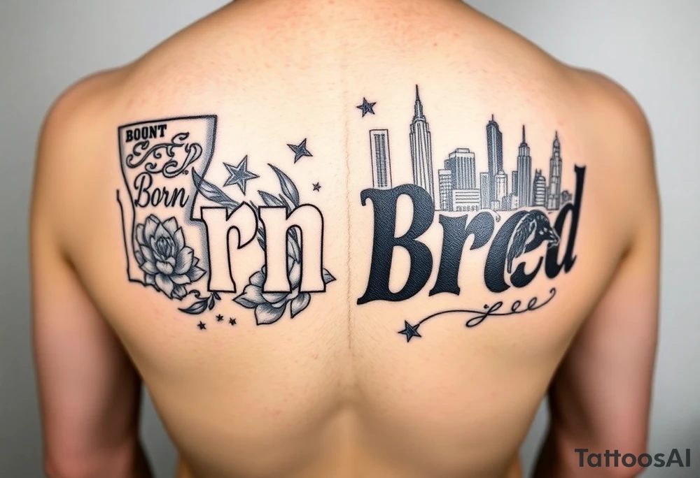 Calf sleeve, black and grey ink. The word “ “Born” outlined boldly on one side and “Bred” outlined boldly on the other side. 
The side with “Born” surrounded by Louisiana artifacts such as LSU logo, SU logo, a detailed magnolia flower, and Mississippi River bridge in the backdrop. 
On the side with the word Bred, Dallas skyline in the background with a Dallas cowboys star somewhere as well as a Pegasus logo. tattoo idea