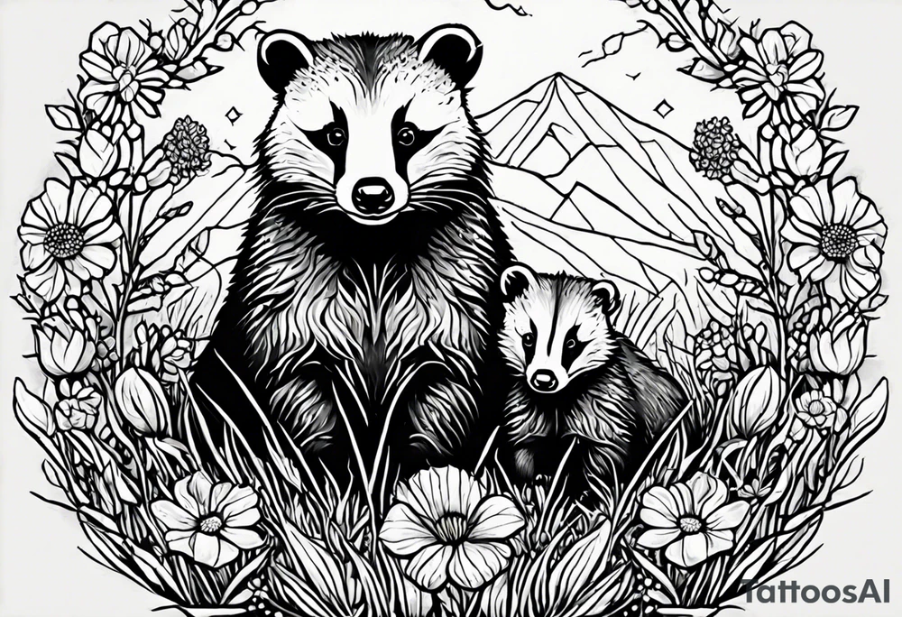 A badger with a cub in a field of flowers, realistic in center and getting more trippy towards the edges tattoo idea