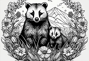 A badger with a cub in a field of flowers, realistic in center and getting more trippy towards the edges tattoo idea
