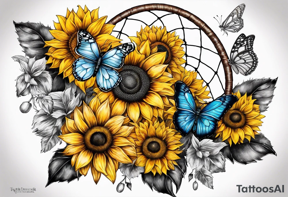 Dream catcher with sunflower in back ground with butterflies tattoo idea