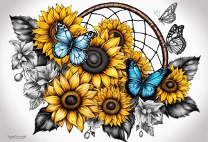 Dream catcher with sunflower in back ground with butterflies tattoo idea