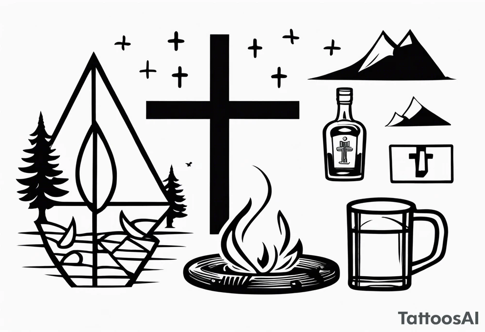 christian 
cross; campfire, golf, campfire, whiskey glass tattoo idea