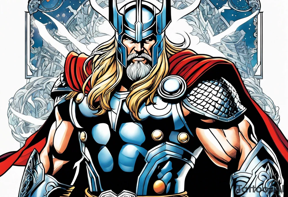 The Mighty Thor from comics in the 1980's with a vignette in the background tattoo idea