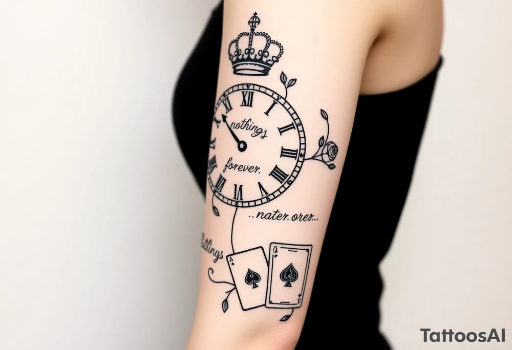 Roman clock with roses and a crown,  a quote that says nothings forever. and on the bottom a deck of cards tattoo idea