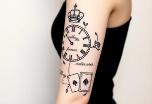 Roman clock with roses and a crown,  a quote that says nothings forever. and on the bottom a deck of cards tattoo idea