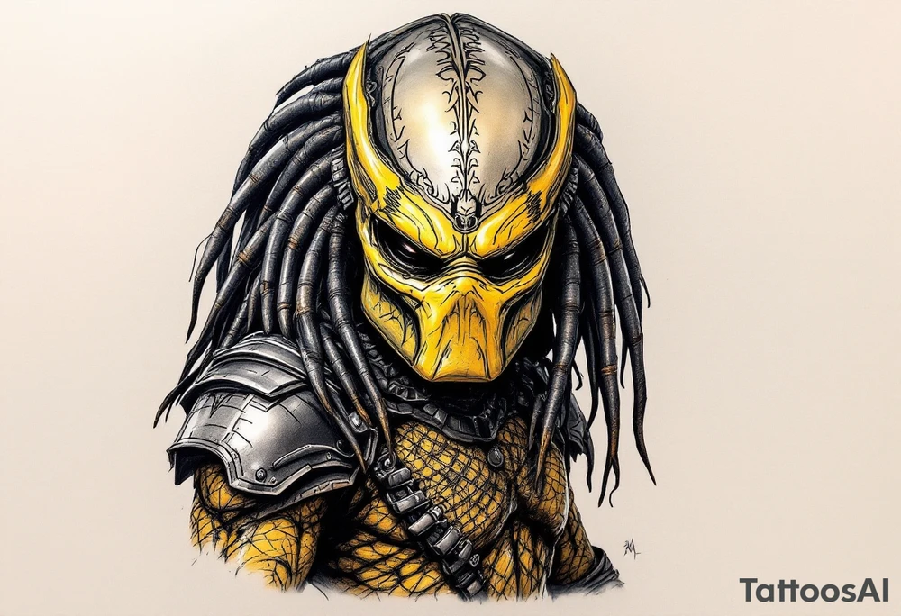 The original Yautja from Predator (1987), featuring mottled yellow-green skin, reptilian textures, netted mesh bodysuit, and battle-worn metallic armor. Its bio-mask has a smooth, silver finish with tribal etchings. tattoo idea