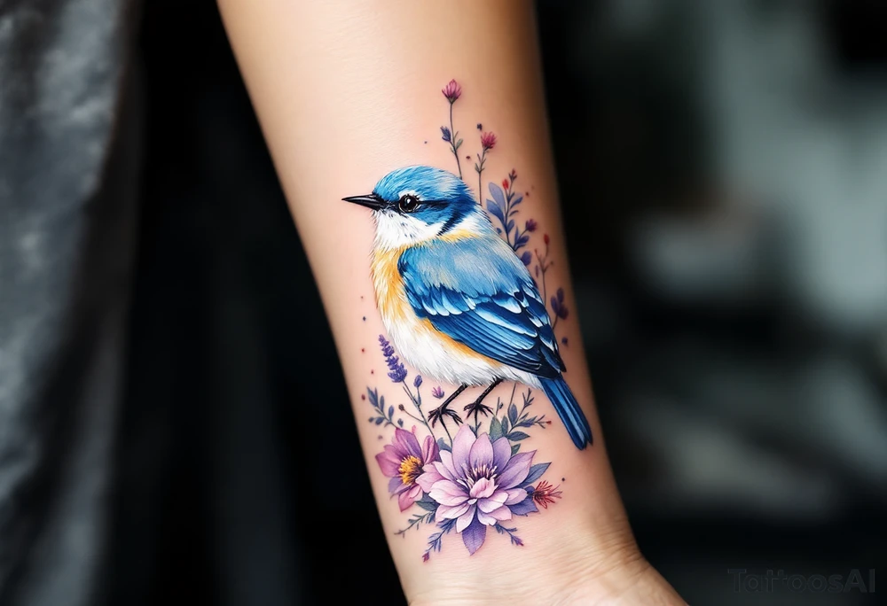 Puffy bluebird surrounded by wild flowers tattoo idea