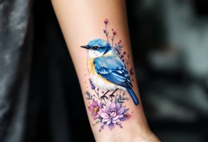 Puffy bluebird surrounded by wild flowers tattoo idea