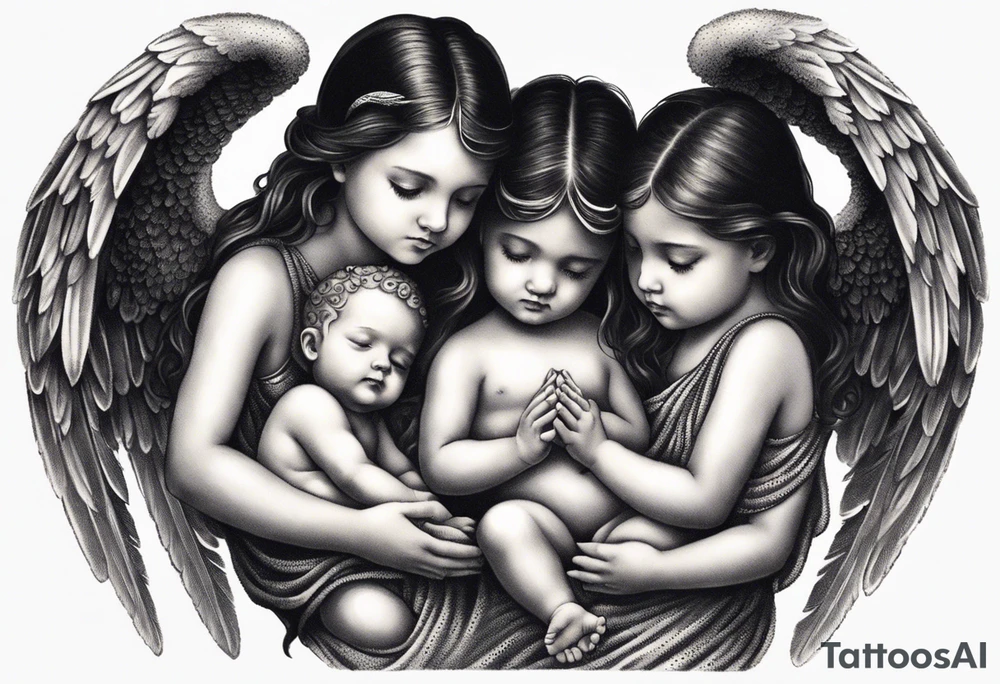 Six angels praying together. The two boy angels are standing in the back of the three girl angel, with their wings gently enfolding a baby angel in a protective embrace tattoo idea