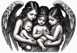 Six angels praying together. The two boy angels are standing in the back of the three girl angel, with their wings gently enfolding a baby angel in a protective embrace tattoo idea