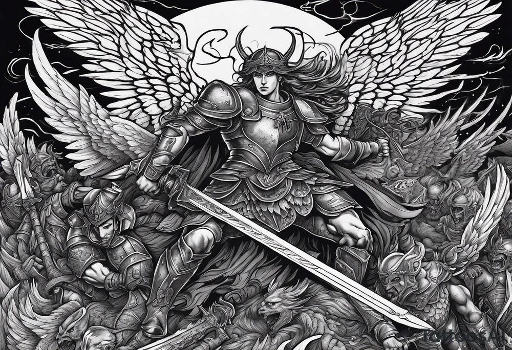 Angels fighting demons on a battlefield that is half hell half heaven.

Powerful demon commander faces a powerful angel commander in the centre of the battle both wearing full armour and using oversized godly weapons.

Angels fighting demons everywhere , limbs , blood, death, war. tattoo idea