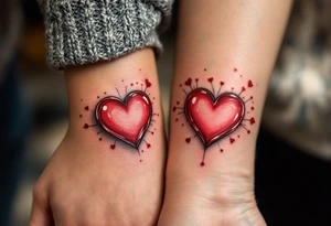 A red candy-heart design on each partner wrist tattoo idea