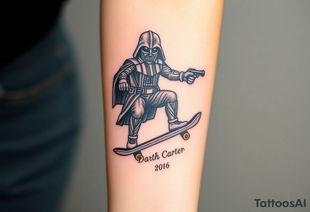 Darth Vader skateboarding with gun> bullets > memorial > god > colors > futuristic/space/star wars
add name "Darth Carter" on skateboard
add date 12/29/88-01/06/24 tattoo idea