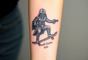 Darth Vader skateboarding with gun> bullets > memorial > god > colors > futuristic/space/star wars
add name "Darth Carter" on skateboard
add date 12/29/88-01/06/24 tattoo idea