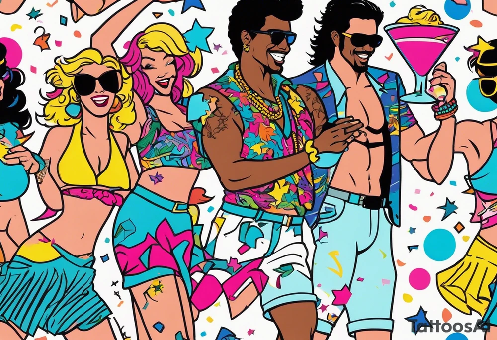 1980's miami vice style beach dance 
party, include confetti, music notes, boom box, bikinis tattoo idea