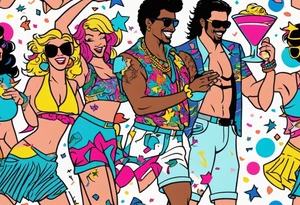 1980's miami vice style beach dance 
party, include confetti, music notes, boom box, bikinis tattoo idea