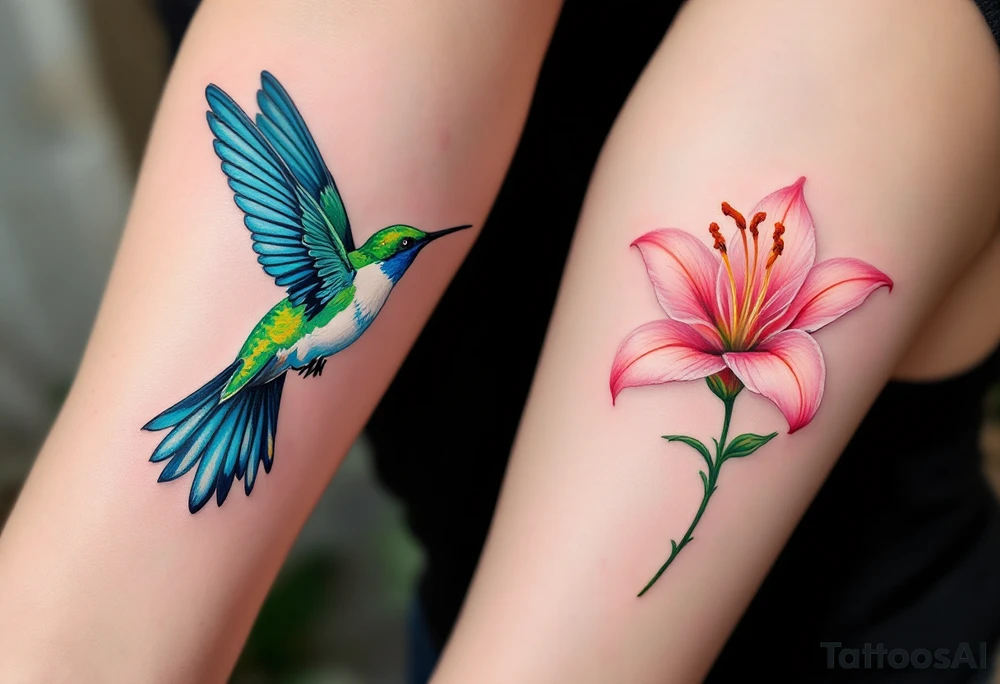 One partner has a hummingbird in flight with green and blue feathers, the other a lily in soft pink tones it’s flying toward. tattoo idea