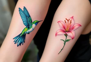 One partner has a hummingbird in flight with green and blue feathers, the other a lily in soft pink tones it’s flying toward. tattoo idea