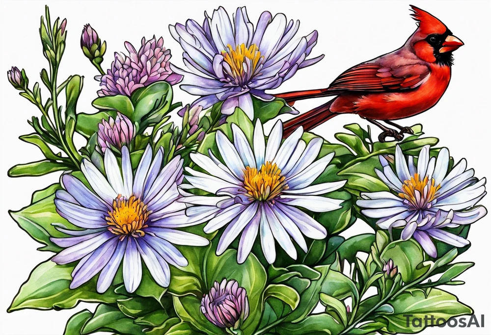 Aster flowers - sea rocket flowers with a cardinal around the words Dad tattoo idea