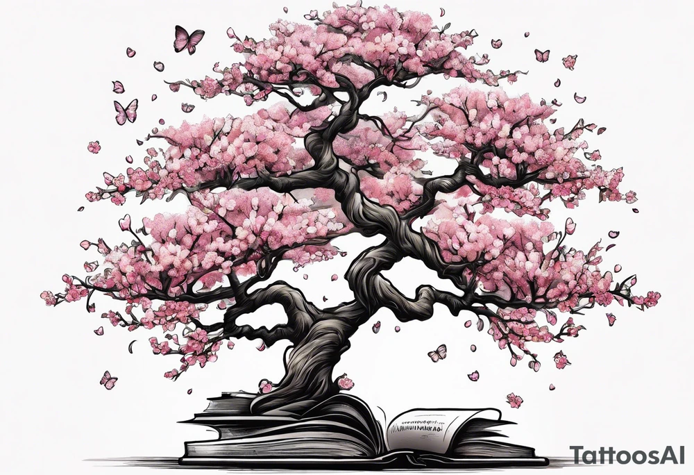 Cherry blossom tree growing out of a stack of books tattoo idea