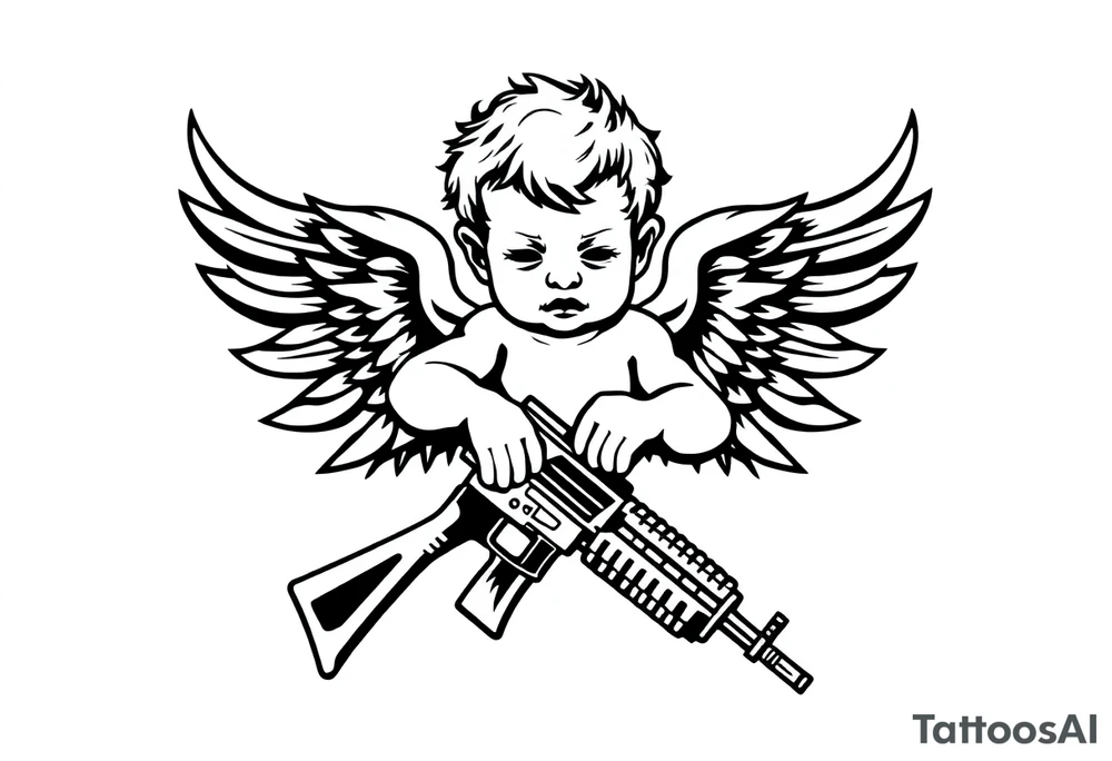 a baby angel with wings holding an Ak-47 tattoo idea