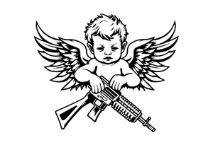 a baby angel with wings holding an Ak-47 tattoo idea