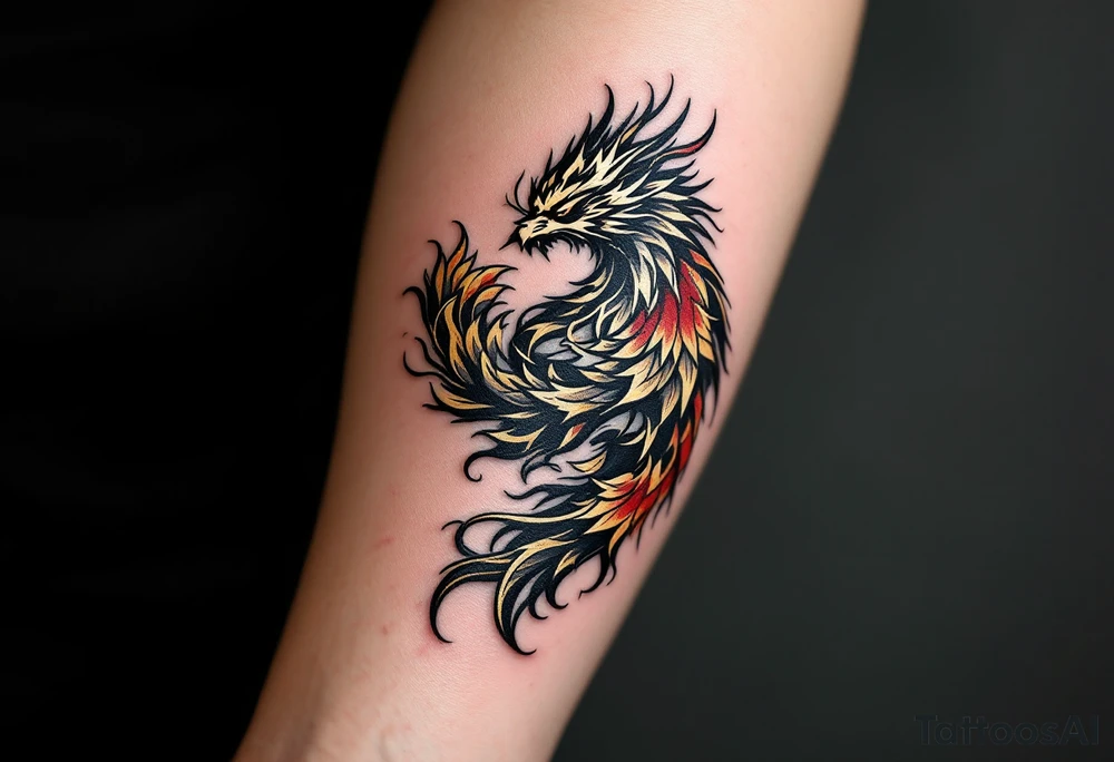 凤凰 (fènghuáng, “phoenix”) in gold and crimson expresses grace through rebirth and resilience. tattoo idea