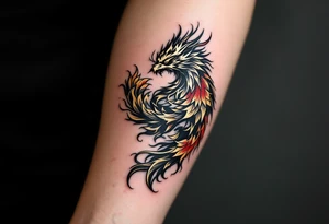 凤凰 (fènghuáng, “phoenix”) in gold and crimson expresses grace through rebirth and resilience. tattoo idea