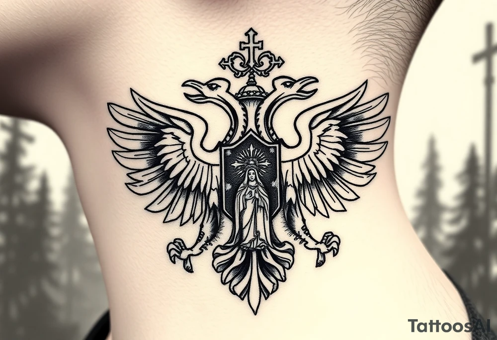 russian coat of arms double headed eagle traditional christian orthodox cross with a virgin mary stood in the entrance of a russian orthodox dome church on the side of the neck in a wilderness setting tattoo idea