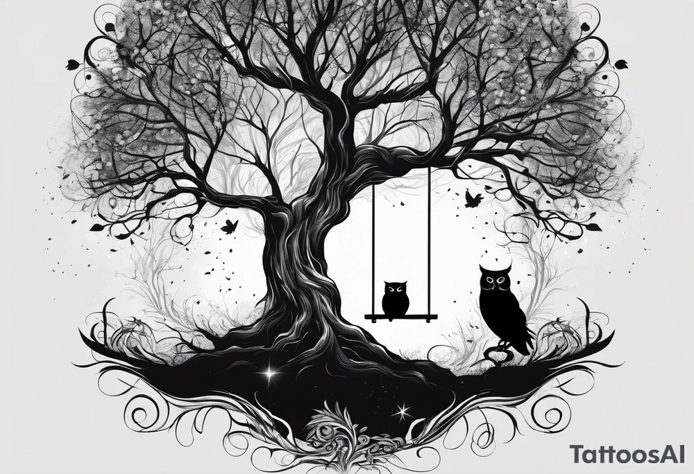tree, with a ground line, without visible roots. the crown with branches resembles an owl. on one branch there is a swing with two boys facing backwards on it tattoo idea