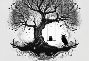 tree, with a ground line, without visible roots. the crown with branches resembles an owl. on one branch there is a swing with two boys facing backwards on it tattoo idea